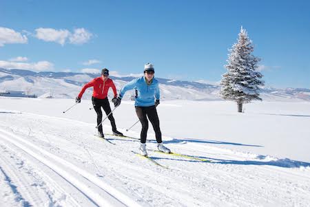 Two people Nordic skiing in Lander, Wyoming